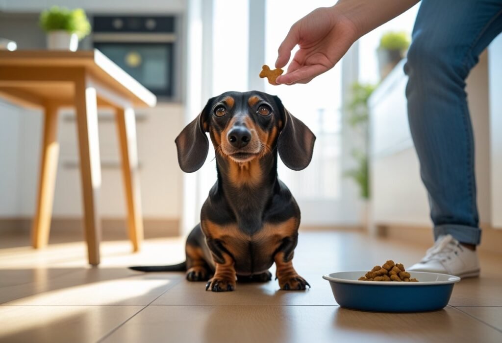 Dachshund ignoring food on the floor during advanced leave-it training