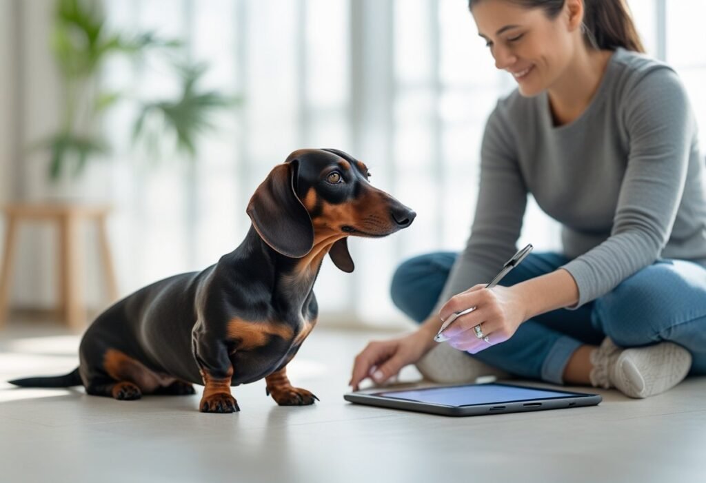 Dachshund resting on mat at the end of a brain training session while owner logs progress