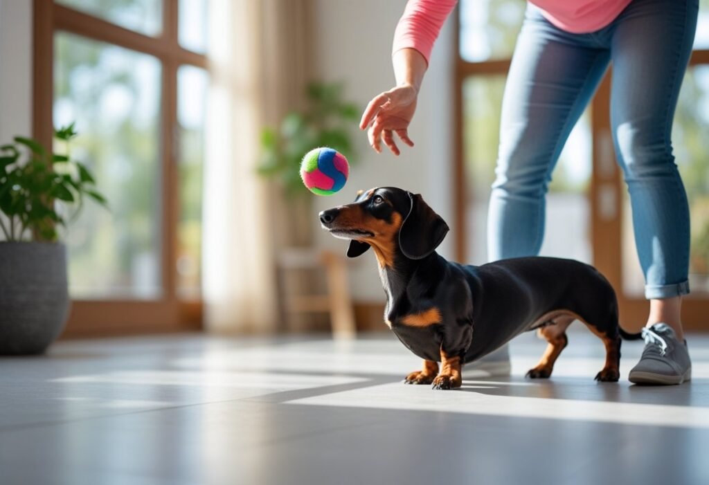 Dachshund receiving a toy toss reward after a successful impulse control rep