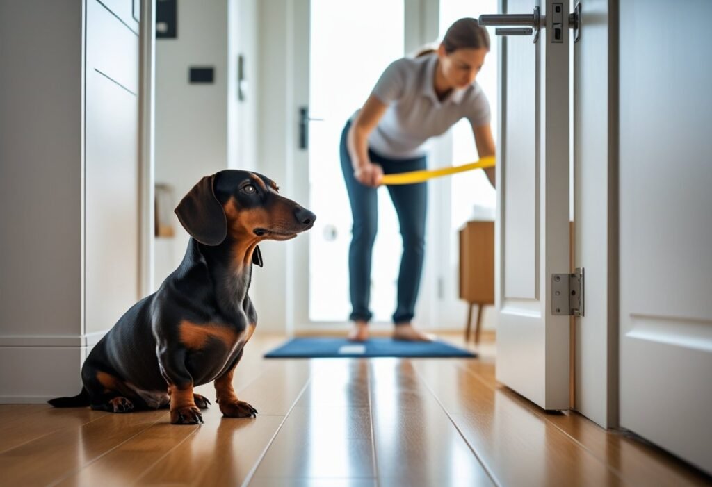 Dachshund waiting calmly at a doorway during controlled entry reinforcement training