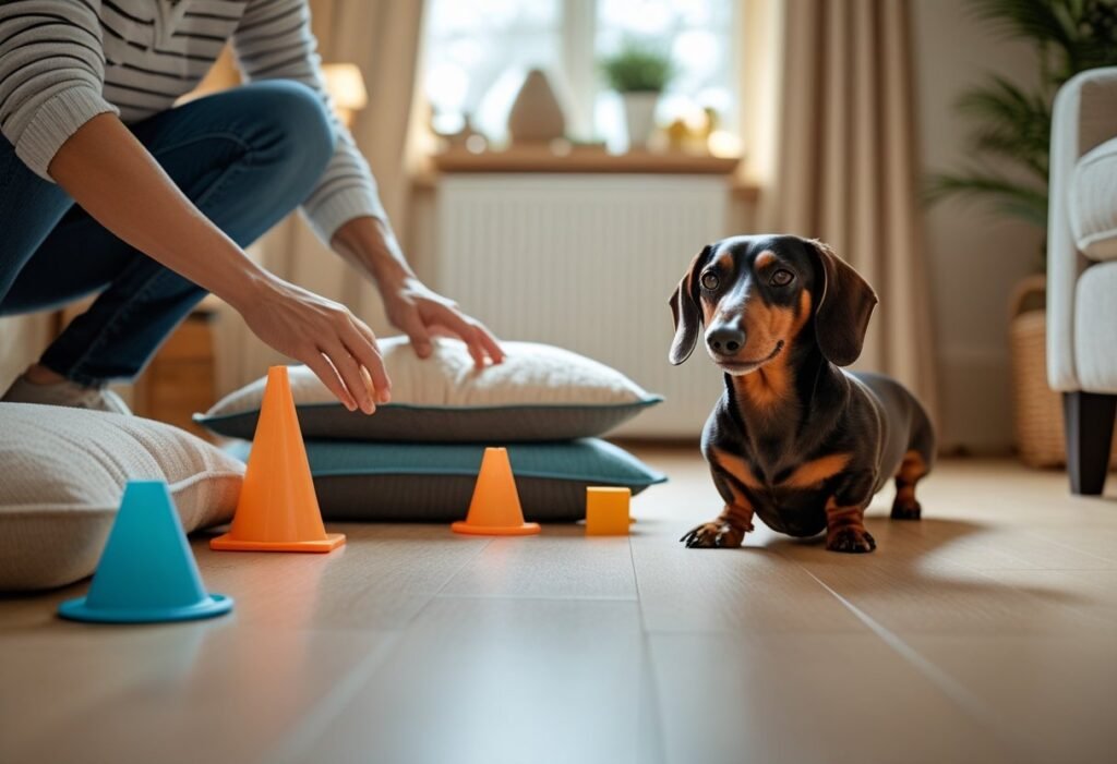 Owner setting up training objects while Dachshund holds a down-stay position