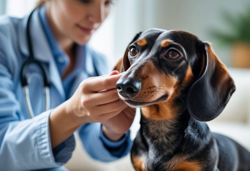 A Dachshund scratching intensely indoors due to parasite irritation, illustrating the need for BudgetPetCare Flea and Tick Treatment Review for Dachshunds