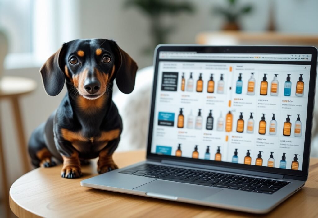 Dachshund sitting beside a laptop while the owner compares different flea and tick prevention brands online