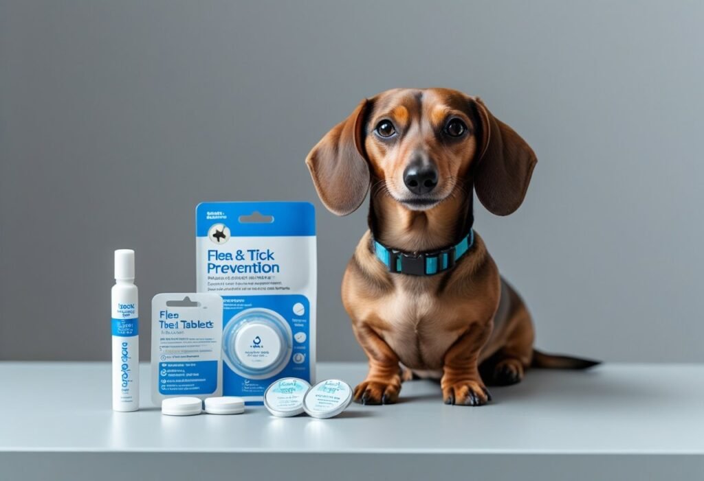 Topical tube, chew tablet blister, and flea collar arranged next to a Dachshund to show the main prevention options