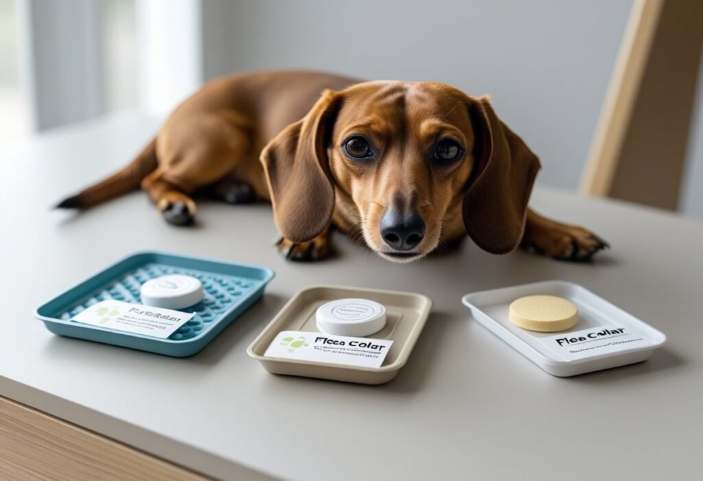 A Dachshund lying near a table with three prevention formats separated into small trays to show the difference between topicals, chews, and collars