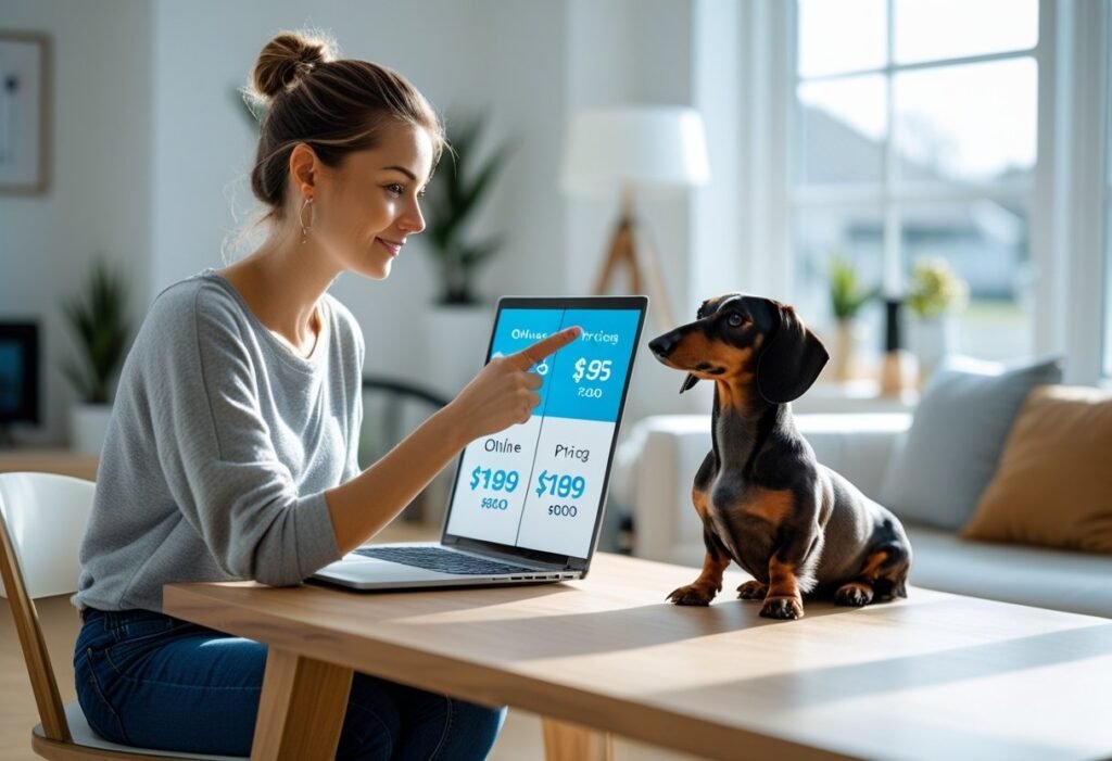 Dachshund sitting near a laptop while the owner compares online and clinic prices for flea and tick preventives