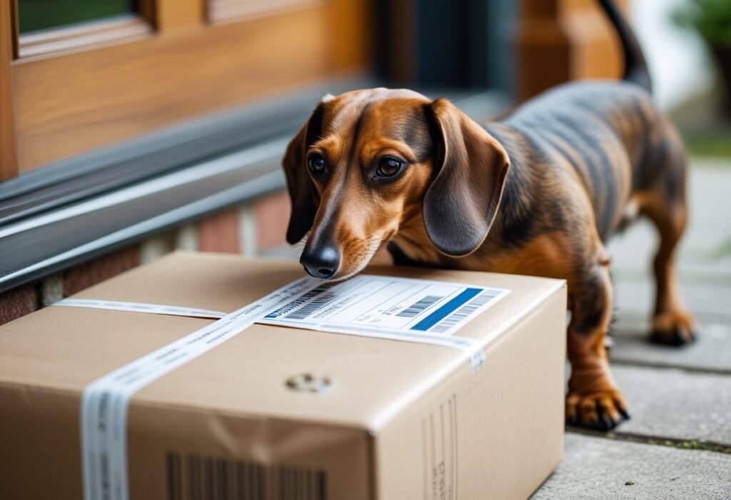 Dachshund sniffing a delivered parcel at the door representing online purchase and shipping wait time