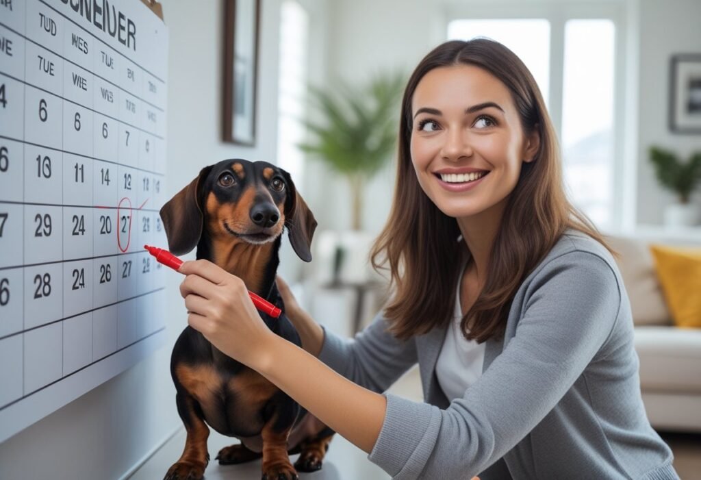 Owner marking a prevention dose date on a calendar while a Dachshund sits beside them