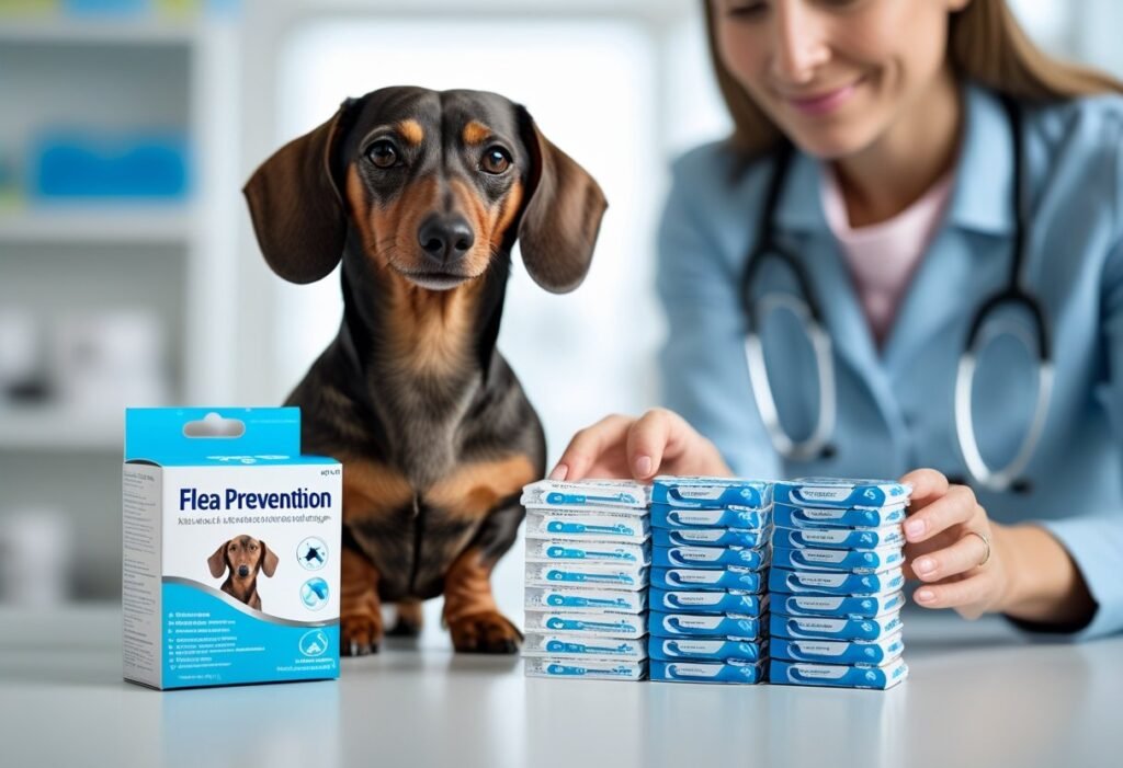 Dachshund near a topical, collar, and chew placed together to illustrate overdose risk when stacking products