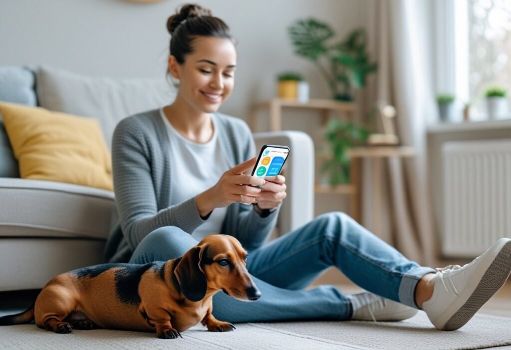 Owner setting a monthly reminder on a phone with a Dachshund lying beside them on the couch
