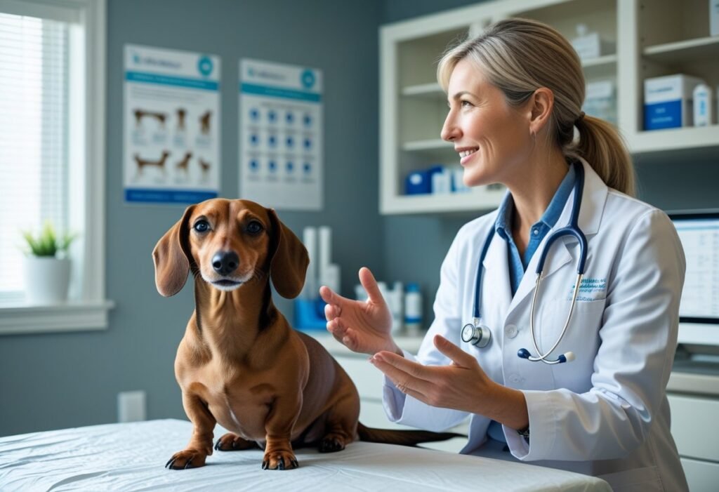 Dachshund in a vet clinic room while the veterinarian discusses parasite prevention options with the owner