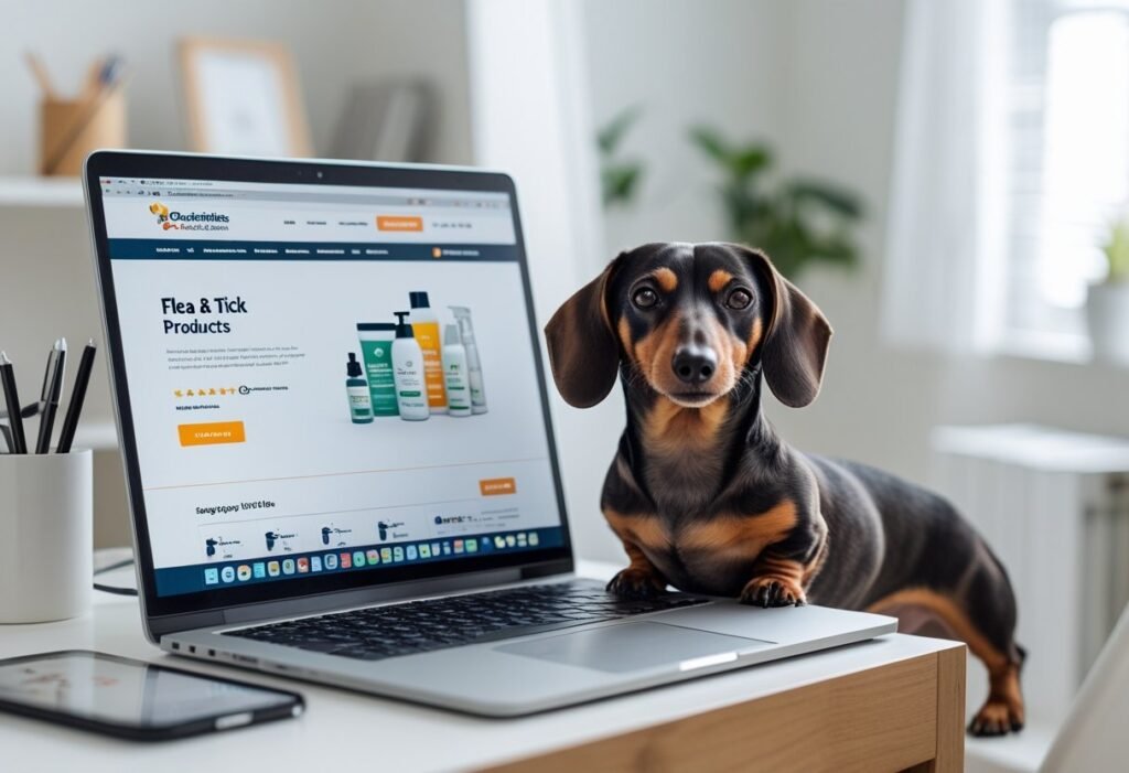 Dachshund sitting beside a laptop screen open to PetCareSupplies Flea and Tick Review Dachshunds