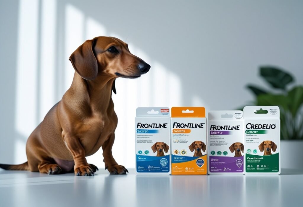 Dachshund observing an opened PetCareSupplies delivery box with flea and tick products inside