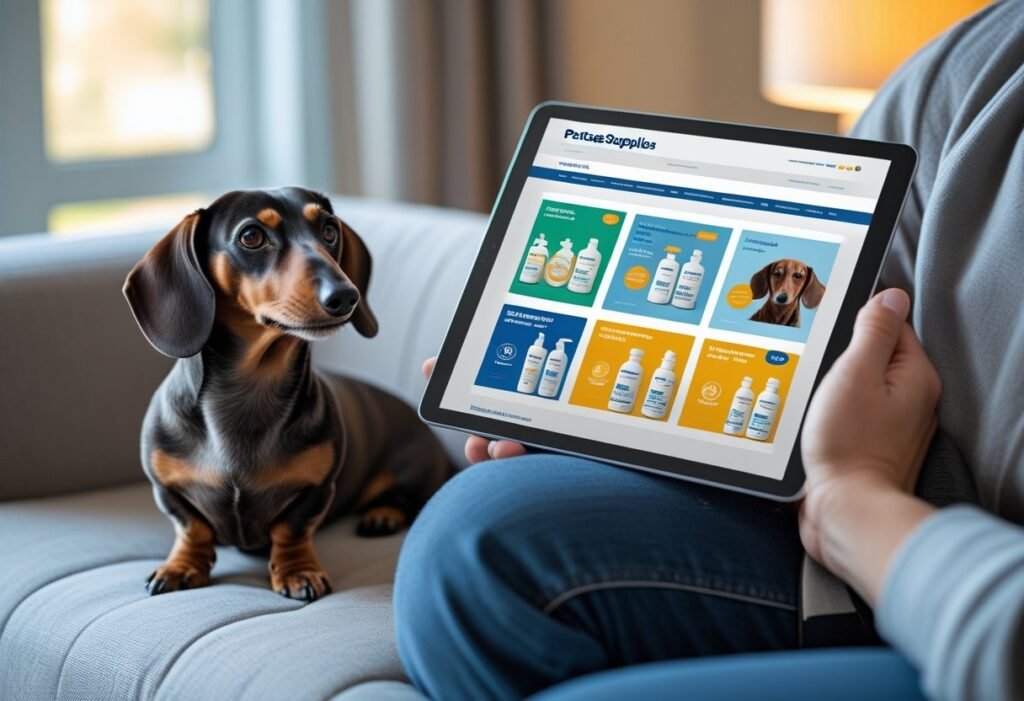 Dachshund owner browsing PetCareSupplies website showing parasite control items