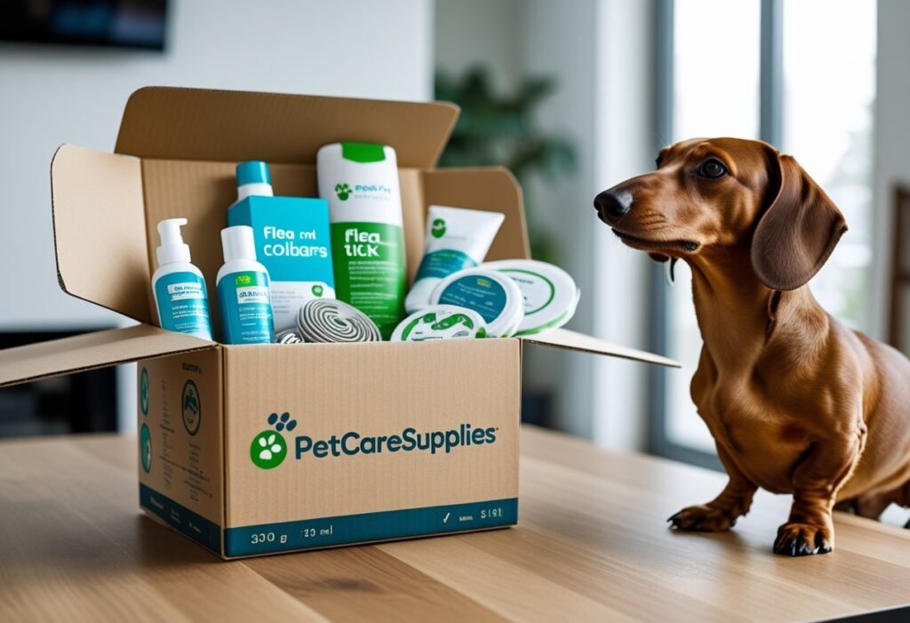Dachshund observing an opened PetCareSupplies delivery box with flea and tick products inside