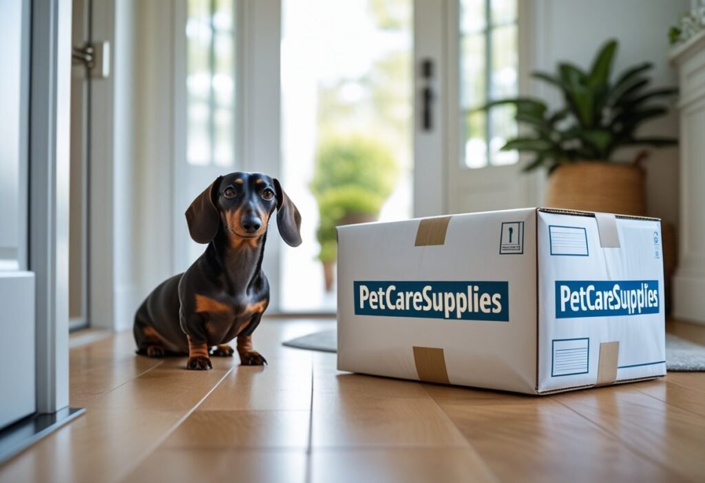 Dachshund sitting near a delayed shipping parcel from PetCareSupplies