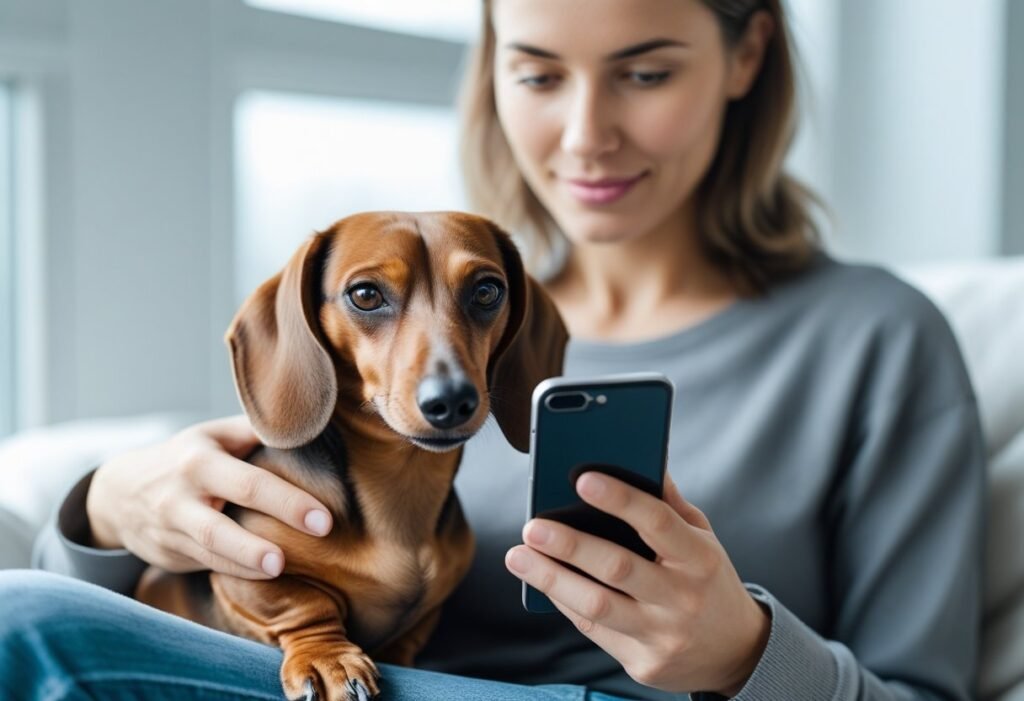 Dachshund owner holding their dog while reading product reviews on a phone