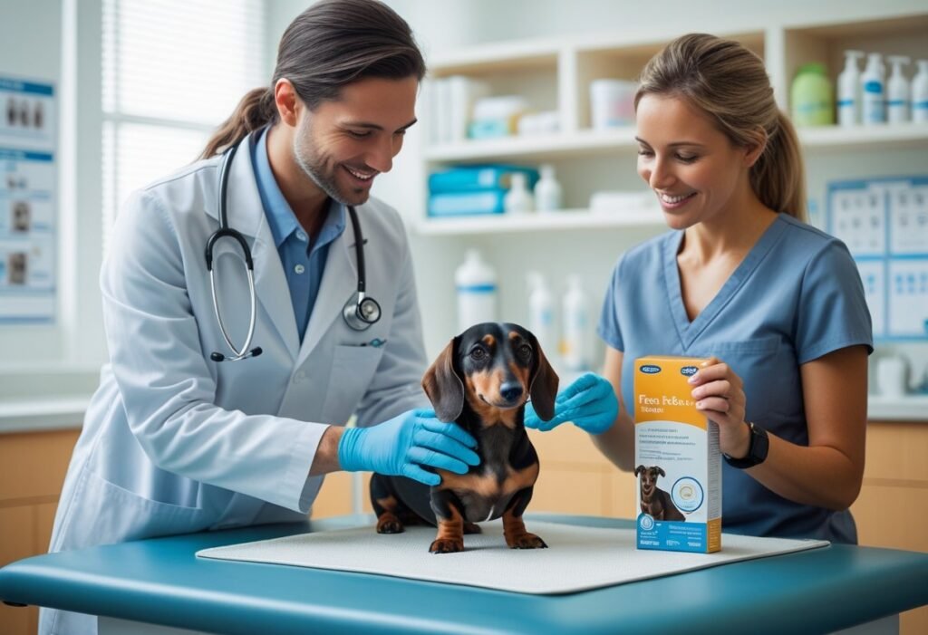 Veterinarian examining a Dachshund while holding a flea prevention product