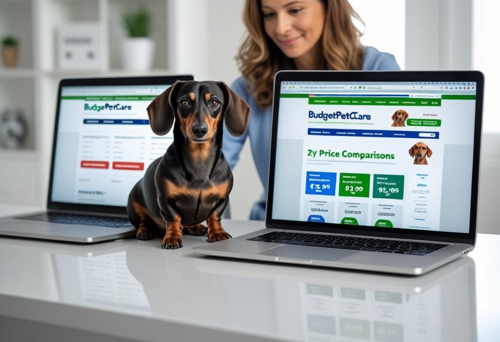 Dachshund sitting beside laptop comparing BudgetPetCare vs PetCareSupplies Flea Meds