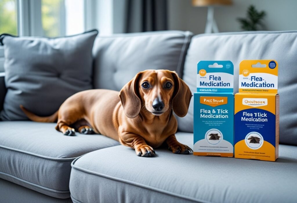 Dachshund lying on sofa next to two opened flea medication boxes from different online stores