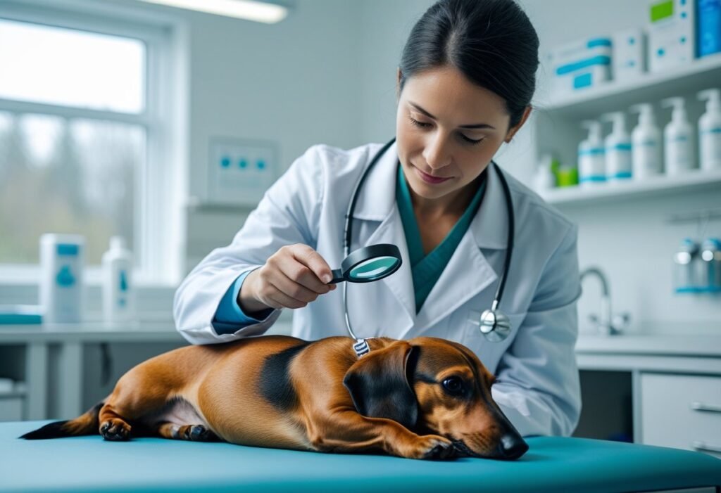 Vet examining a Dachshund’s belly for flea bites with a magnifier