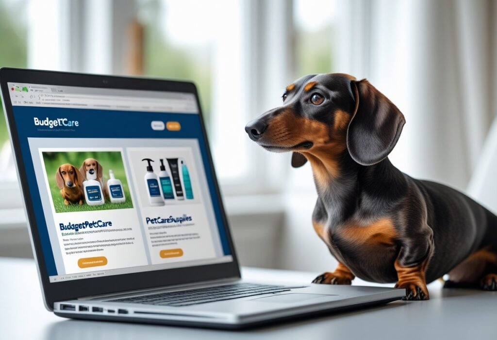 Owner viewing BudgetPetCare and PetCareSupplies flea meds on laptop with Dachshund beside it
