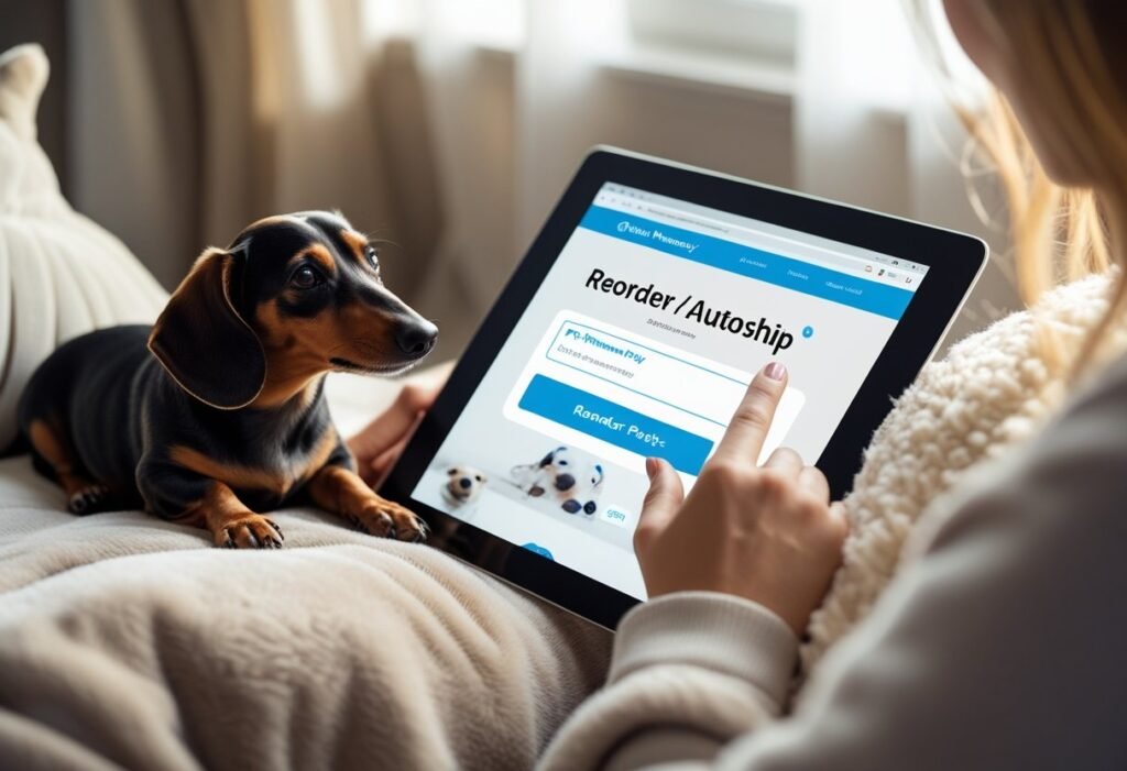 Owner tapping reorder button on pet pharmacy website with Dachshund curled beside them