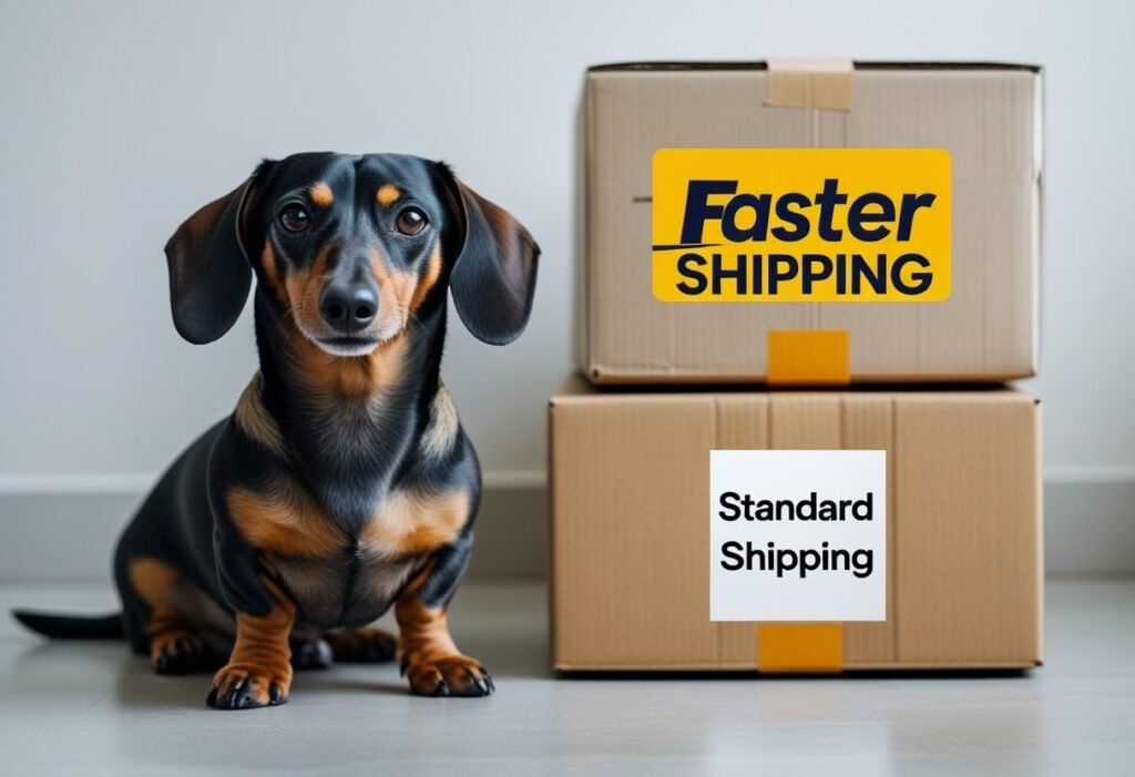 Dachshund next to two shipping boxes labeled with different delivery speeds
