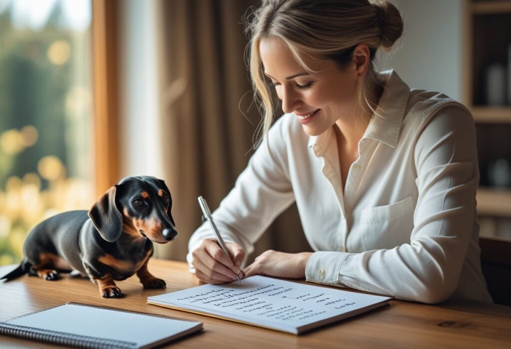 Owner writing pros and cons list on notepad with Dachshund resting near it