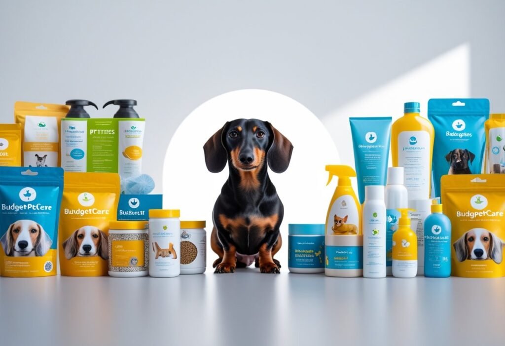 Dachshund sitting between two groups of products labeled BudgetPetCare and PetCareSupplies