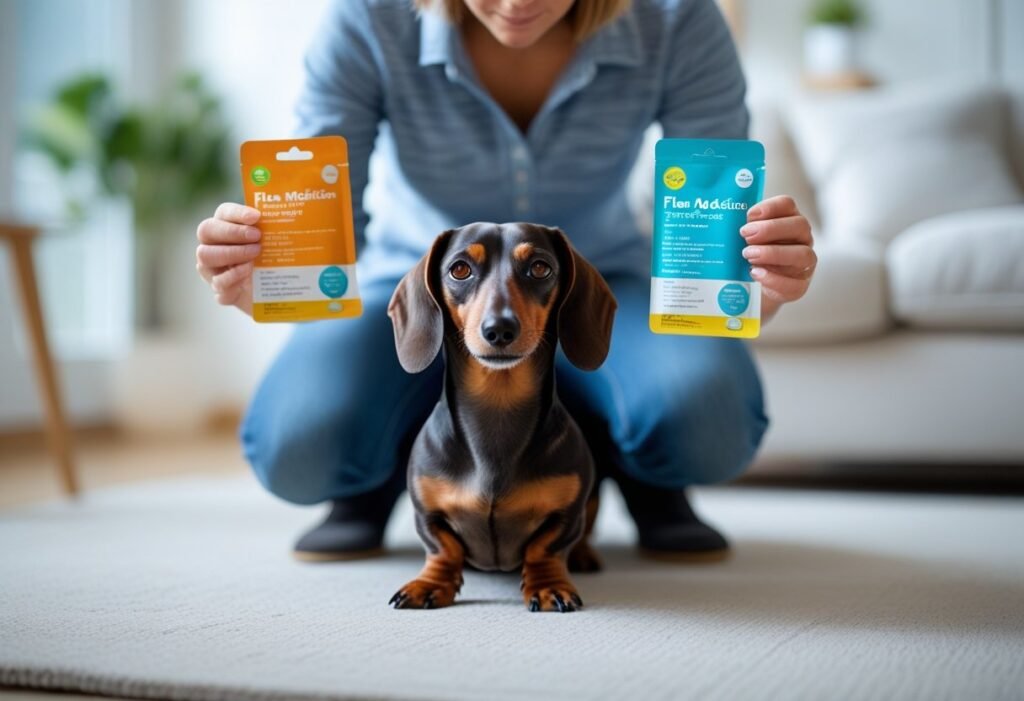 Owner holding two flea medication boxes while Dachshund looks up deciding
