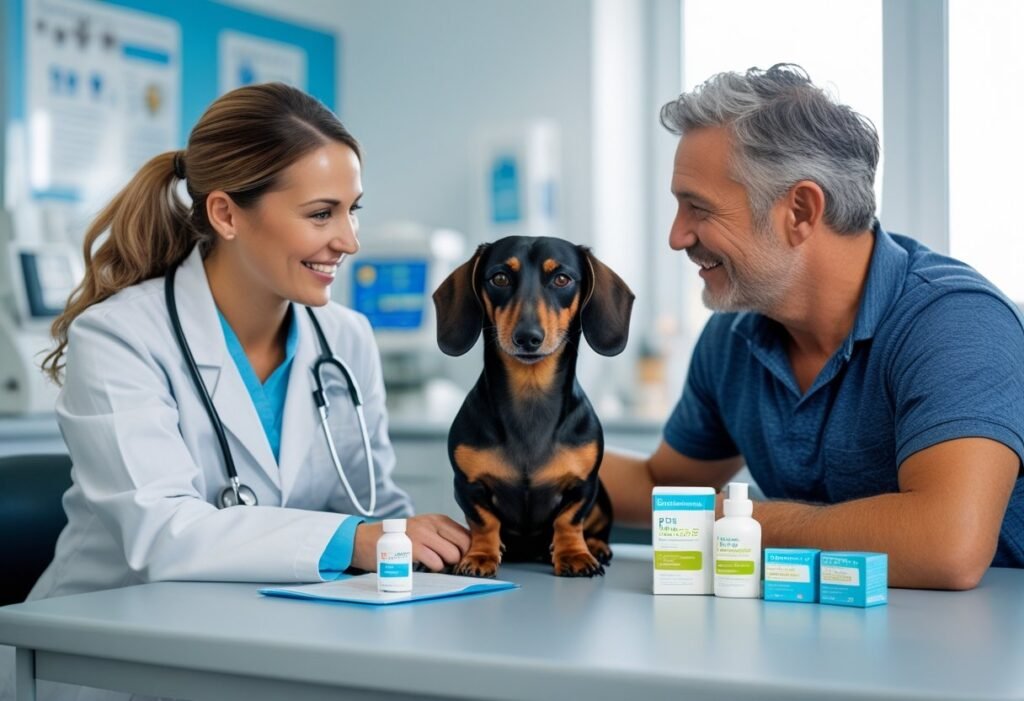 Vet consulting Dachshund owner about flea meds at clinic table