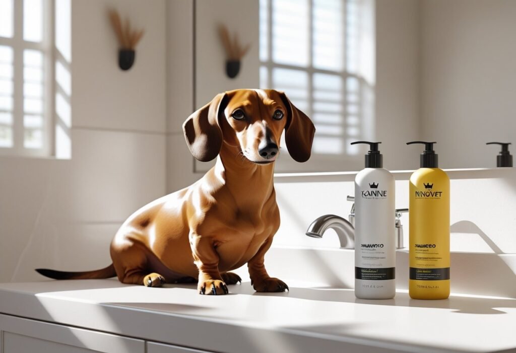 Smooth-coat Dachshund sitting on a bathroom counter beside King Kanine and Innovet pet shampoo bottles
