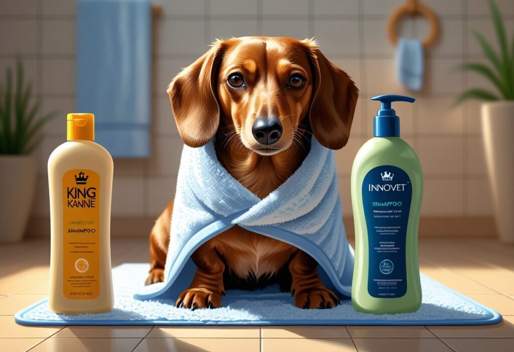 Freshly bathed Dachshund wrapped in a towel with King Kanine and Innovet shampoo bottles placed in front on a bathroom floor