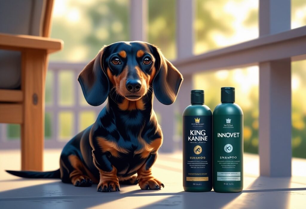 Top-down view of King Kanine and Innovet shampoo bottles on a towel with a Dachshund sniffing near the bottles