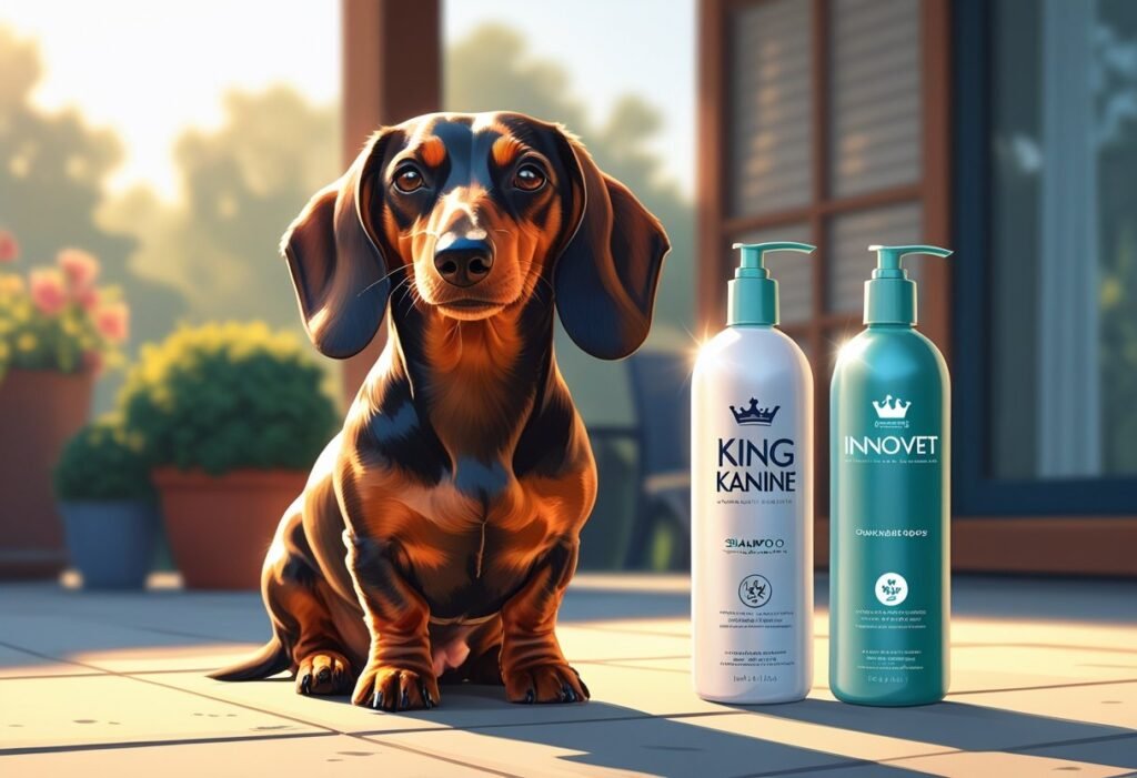 Clean and shiny Dachshund sitting outdoors with King Kanine and Innovet pet shampoo bottles beside the dog