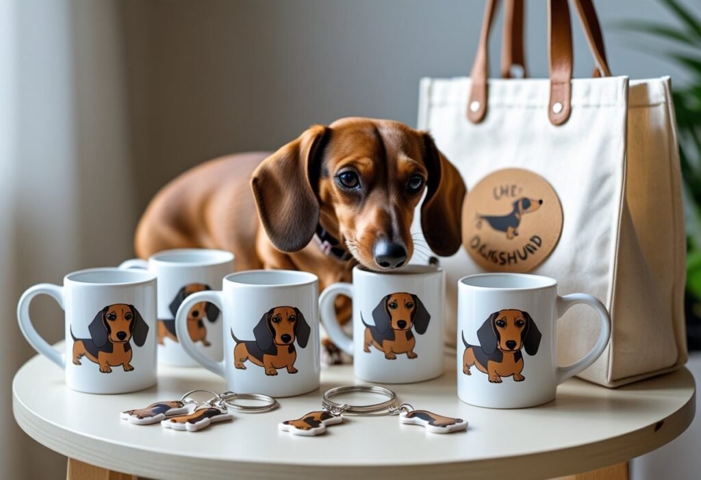Dachshund sniffing a table arranged with personalised Dachshund mugs, keychains, and a custom tote bag.
