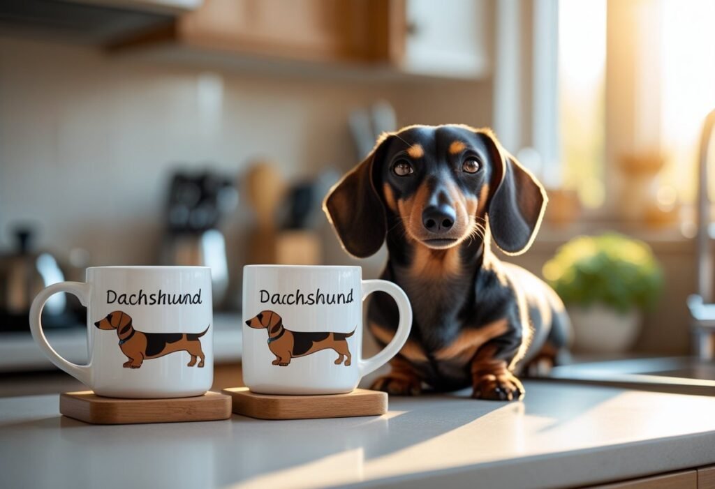 Dachshund sitting beside personalised Dachshund mugs on a kitchen counter in morning light.