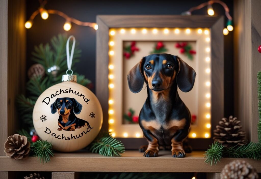 Holiday shelf displaying a personalised Dachshund ornament and framed custom Dachshund art with a Dachshund nearby.