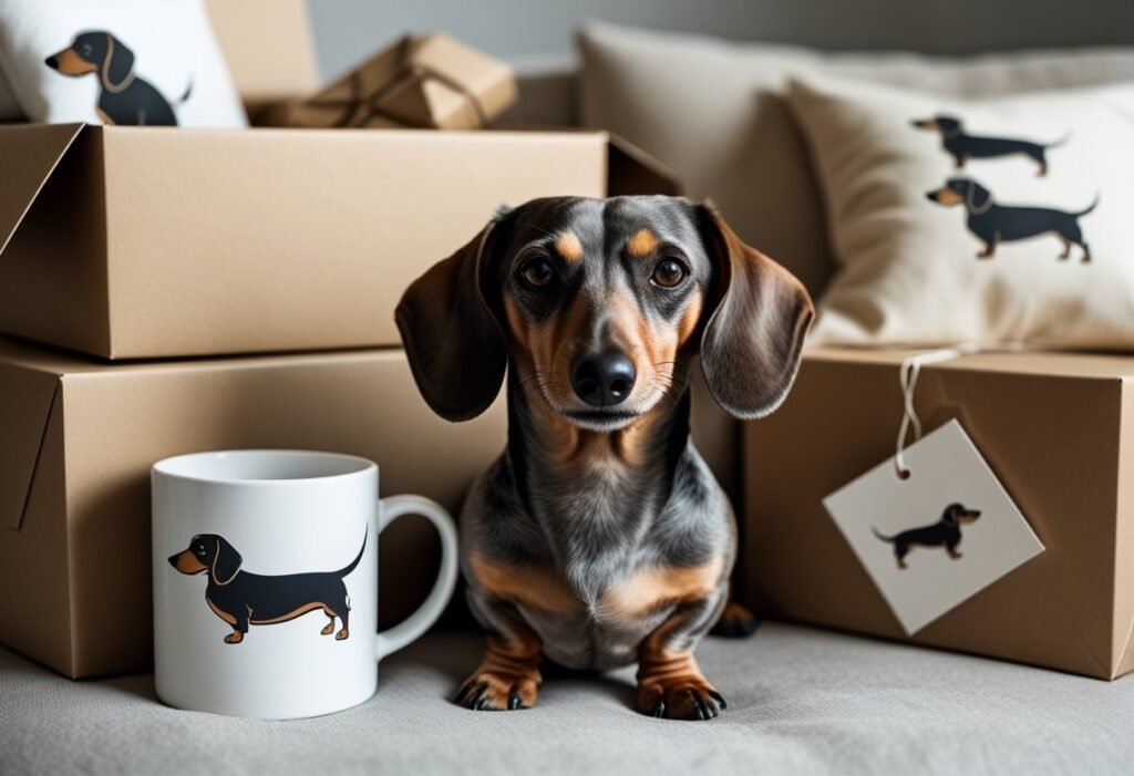 Dachshund sitting next to open gift boxes containing personalised Dachshund gifts such as a mug and pillow.
