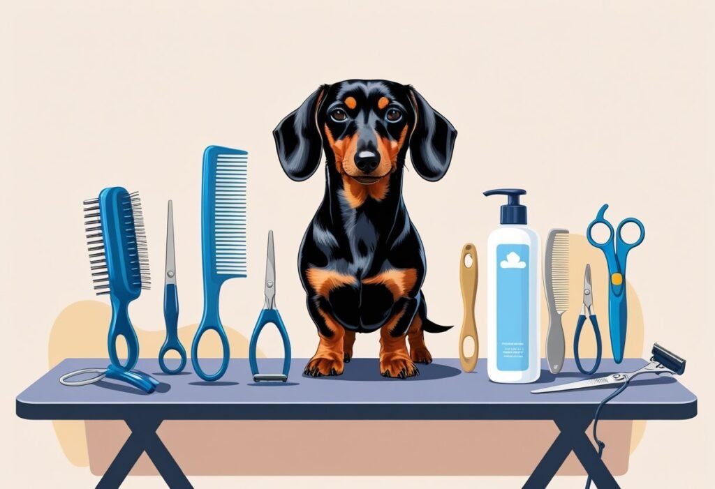 A Dachshund standing on a grooming table surrounded by grooming tools like a brush, comb, scissors, nail clippers, and shampoo.