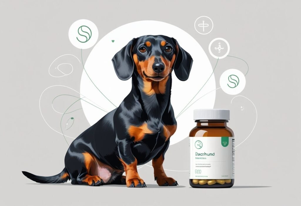 A healthy Dachshund dog beside a capsule bottle with abstract symbols representing gut health.
