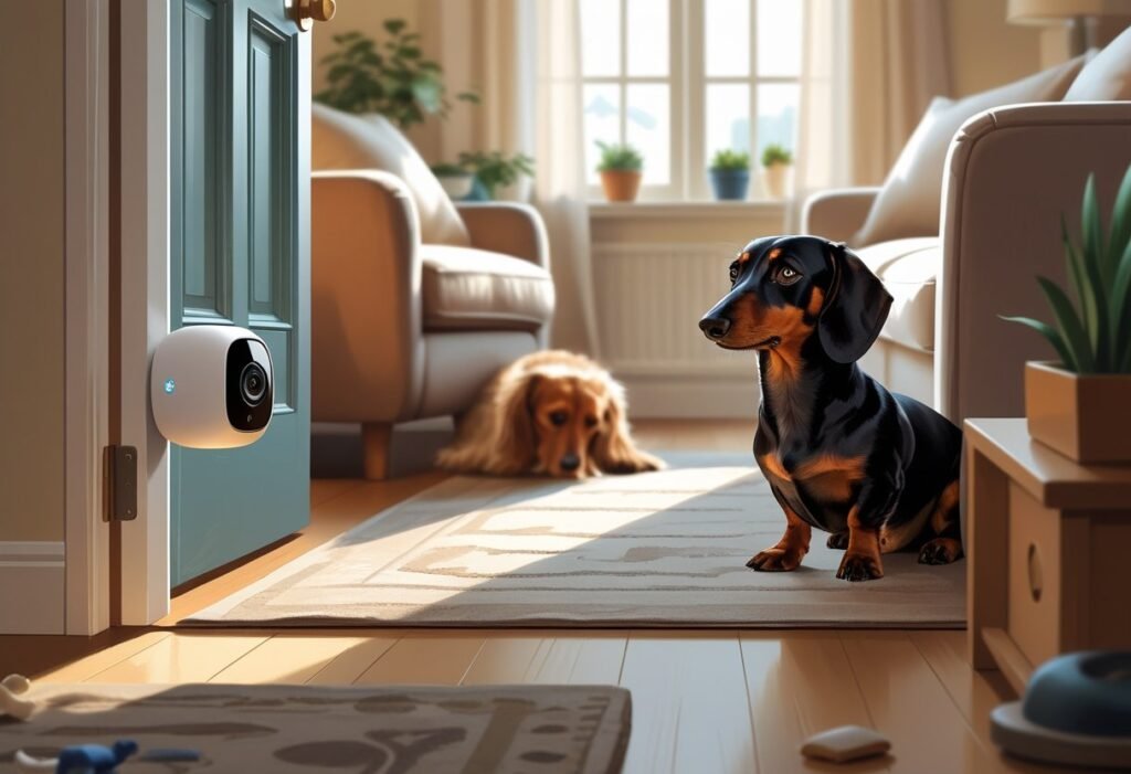 A dachshund looking sad near a front door in a cozy living room with a Petcube camera visible on a shelf.