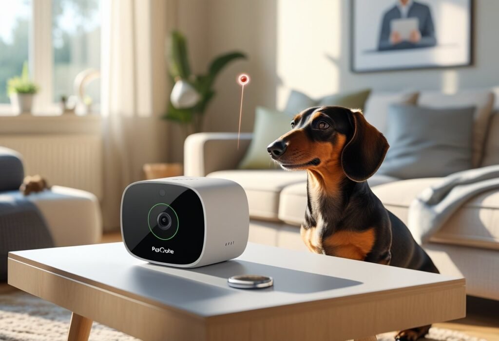 A Dachshund dog in a living room playing with a laser pointer from a Petcube camera on a table, with a person working on a laptop in the background.