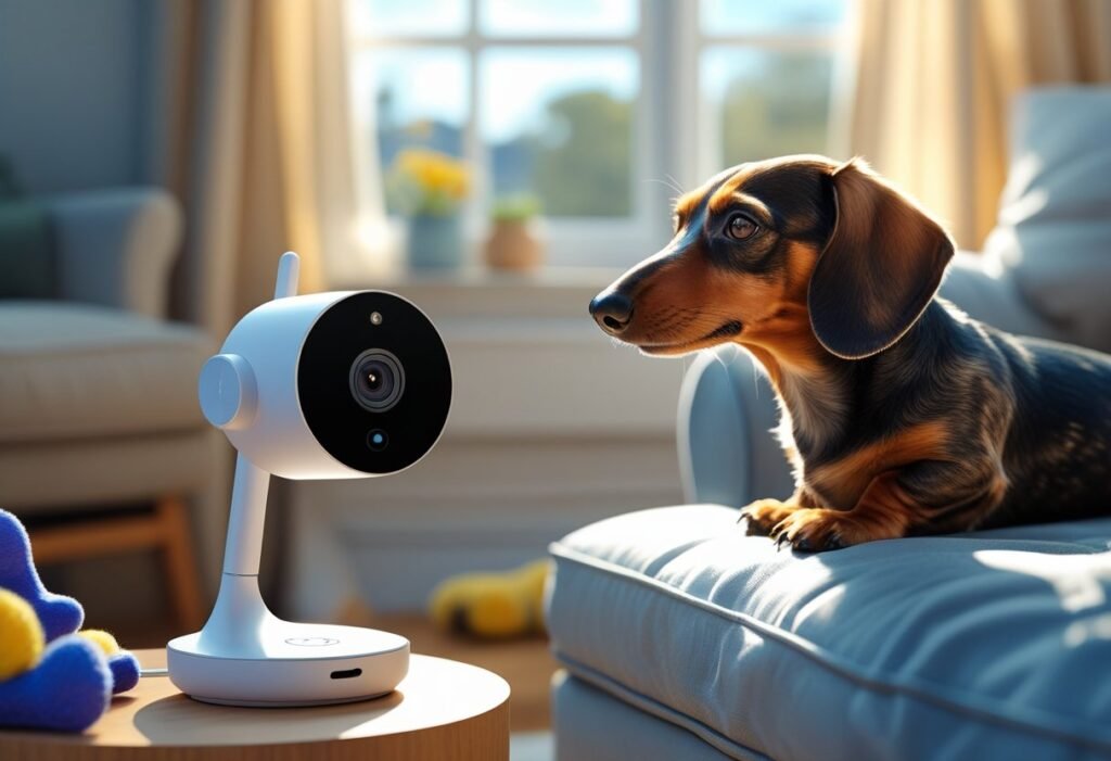 A dachshund looking at a pet camera on a side table in a cozy living room with pet toys and a dog bed nearby.