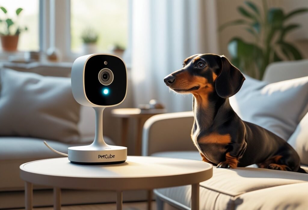 A Dachshund dog looking at a Petcube camera on a table in a cozy living room.