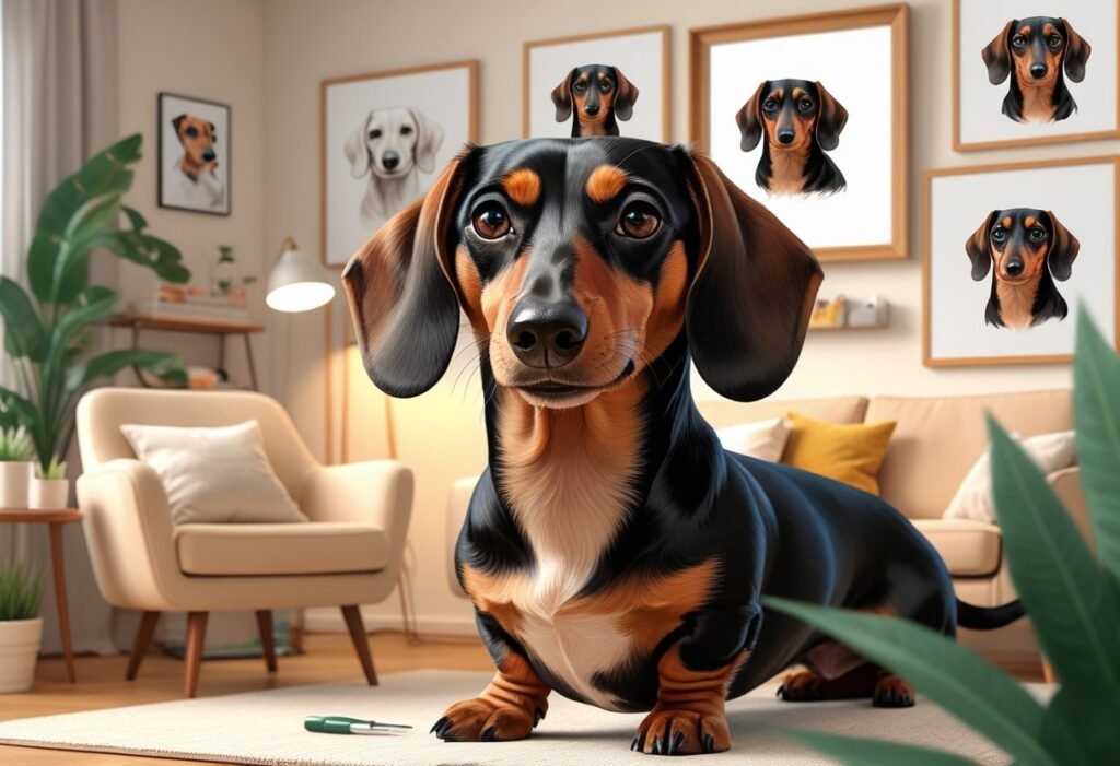 A Dachshund dog sitting in a cozy living room surrounded by framed portraits of itself, with warm lighting and home decor creating a comfortable atmosphere.