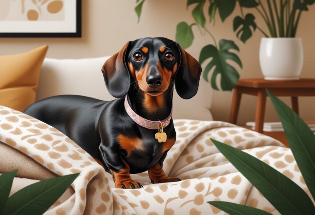 A dachshund sitting comfortably in a cozy home setting with pet accessories around it.