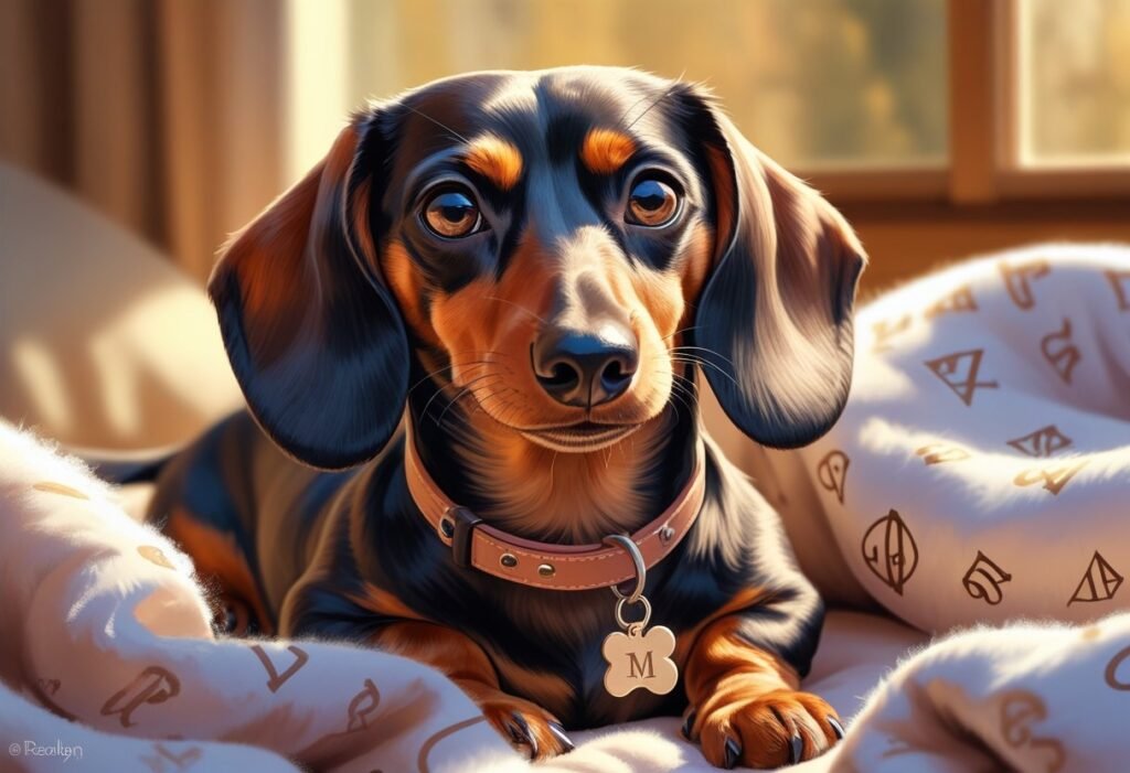 A friendly dachshund sitting comfortably on a soft blanket with a collar, surrounded by warm lighting in a cozy home setting.