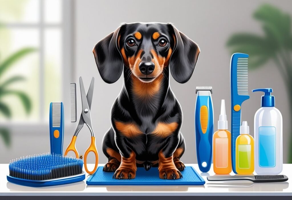 A dachshund sitting on a grooming table surrounded by grooming tools like brushes, scissors, and nail clippers in a clean grooming salon.